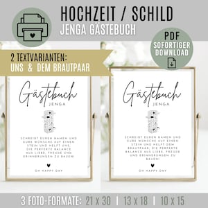 Puede incluir: Dos carteles enmarcados para el libro de visitas de boda con el texto "Gästebuch Jenga" e instrucciones. Los carteles son blancos con texto negro y un gráfico de torre Jenga. La parte superior de la imagen tiene las palabras "Hochzeit / Schild" y "Jenga Gästebuch".