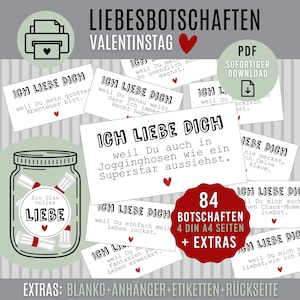LIEBESBOTSCHAFTEN Valentinstag | digitaler Download als PDF | Geschenk für Verliebte | Botschaften mit Herz | LOVE Message | Liebe im Glas