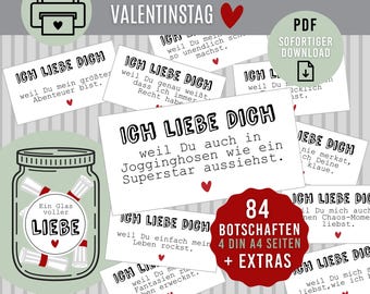 LIEBESBOTSCHAFTEN Valentinstag | digitaler Download als PDF | Geschenk für Verliebte | Botschaften mit Herz | LOVE Message | Liebe im Glas