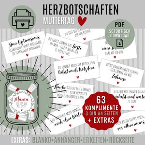 HERZBOTSCHAFTEN Muttertag | digitaler Download als PDF | Geschenk für deine Mama | Komplimente mit Herz | Muttertagsgeschenk | Liebe im Glas
