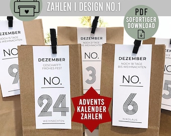 Calendrier de l'Avent Chiffres Modèle n° 1 | Téléchargement numérique au format PDF | Chiffres imprimables pour calendriers de l'Avent | Idée cadeau DIY