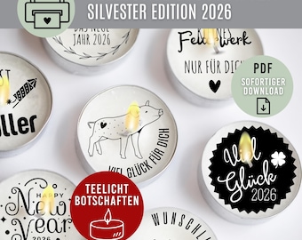 TEELICHTBOTSCHAFTEN Silvester 2026 | digitaler Download PDF | Kerzentattoos | Kerzensticker | Neues Jahr | Teelicht Botschaften Ausdrucken