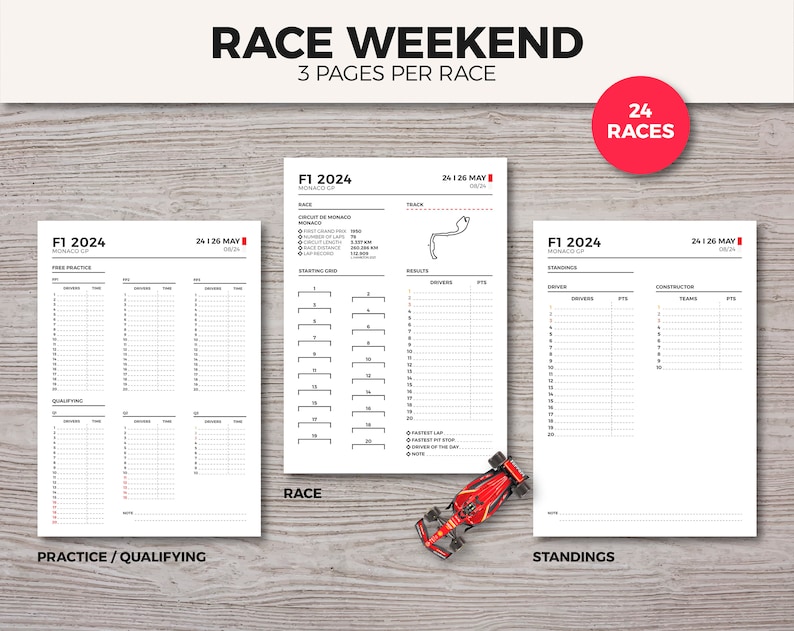 F1 Journal 2024 / Planner / 75 pages / 24 Races / Standings / Instant Download PDF image 2