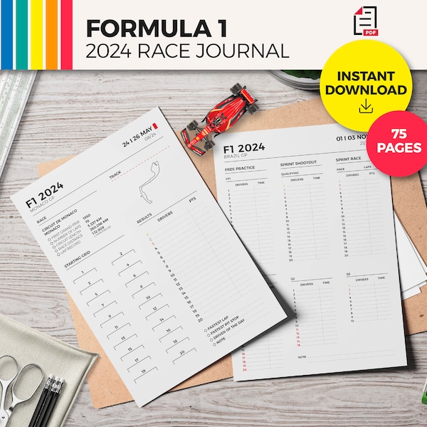 F1 Journal 2024 / Planificador / 75 páginas / 24 Carreras / Clasificación / Descarga Instantánea PDF