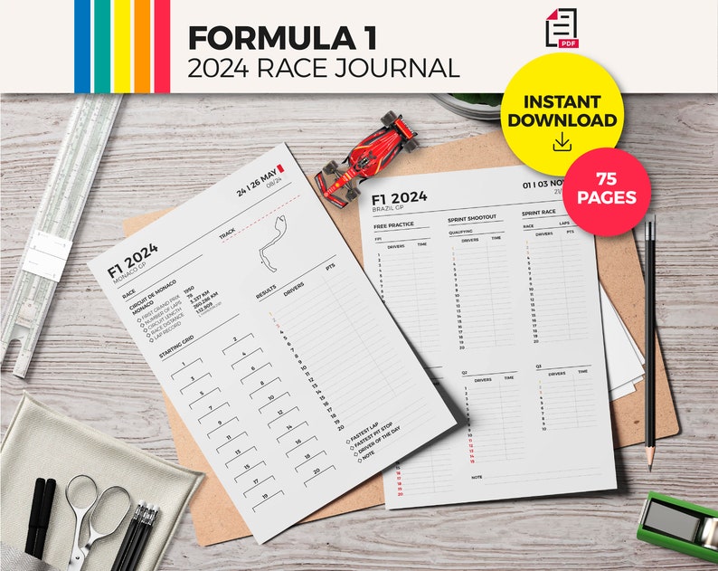 F1 Journal 2024 / Planner / 75 pages / 24 Races / Standings / Instant Download PDF image 1