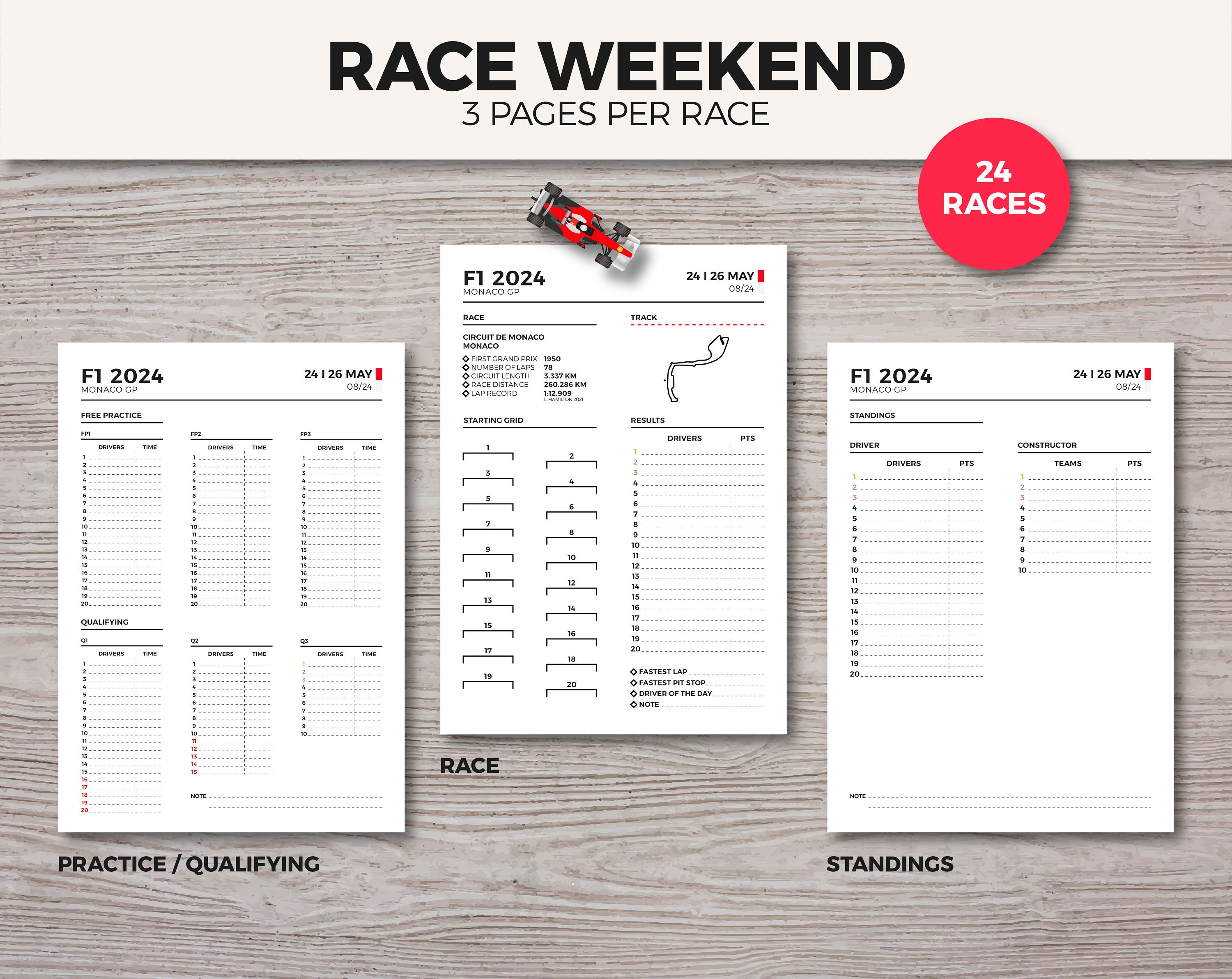 Discover F1 Journal 2024 / Planner / 75 pages / 24 Races / Standings / Instant Download PDF