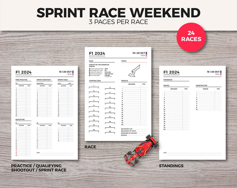 F1 Journal 2024 / Planner / 75 pages / 24 Races / Standings / Instant Download PDF image 3
