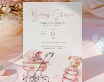 Invitation numérique modifiable pour baby shower – Thème Ours – Modèle Canva imprimable – Téléchargement instantané