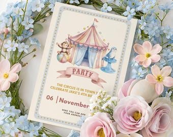 Invitation d'anniversaire cirque modifiable – Invitation numérique – Modèle Canva imprimable – Téléchargement instantané