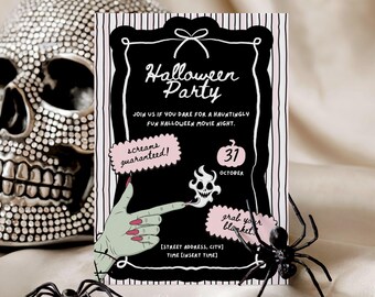 Invitation à une fête d'Halloween – Invitation à une soirée cinéma d'horreur – Téléchargement numérique imprimable effrayant – Modèle Canva pour une fête costumée effrayante