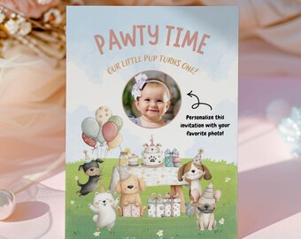 Invitation à une fête de chiots modifiable - Anniversaire d'enfant sur le thème des chiens - Modèle Canva Pawty Time - Téléchargement instantané