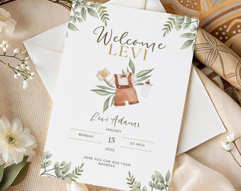 Faire-part de naissance numérique modifiable – Grenouillère et motif feuille pour bébé garçon – Modèle Canva imprimable – Téléchargement instantané