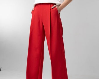 Red Wide Leg Pants, Palazzo Pants, Viscose Fabric, Womens Trouser, Sustainable Clothing, Spring Clothing For Women, One a Kind Ouji Fashion