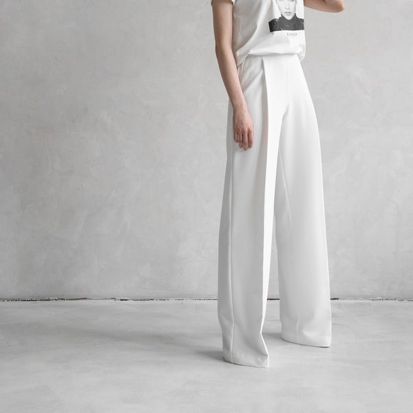 White Palazzo Pants. Handmade Clothing - Wide Leg Viscose Trousers for Women, Flattering for All Body Types, Versatile & Elegant