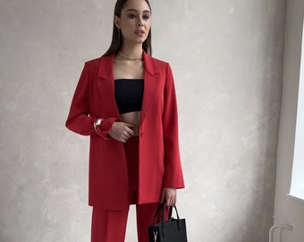 Rote klassische Zwangsjacke für Damen, elegante einreihige Jacke mit Knöpfen, trendiger Büro-Blazer mit Reverskragen, übergroße Boxy-Jacke