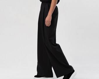 Black Palazzo Pants. Handmade Clothing - Wide Leg Viscose Trousers for Women, Flattering for All Body Types, Versatile & Elegant