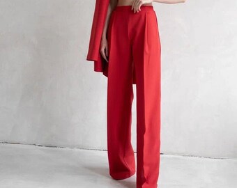 Red Wide Leg Pants, Palazzo Pants, Viscose Fabric, Womens Trouser, Sustainable Clothing, Spring Clothing For Women, One a Kind Ouji Fashion