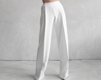 White Palazzo Pants. Handmade Clothing - Wide Leg Viscose Trousers for Women, Flattering for All Body Types, Versatile & Elegant