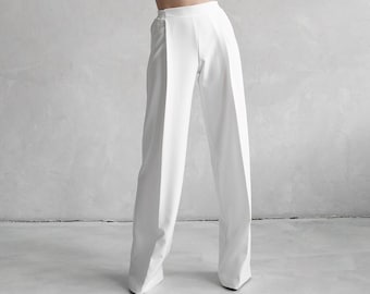 Traje de invitada de boda, pantalón palazzo blanco. Pantalón ancho de viscosa para mujer, favorecedor para todo tipo de cuerpo, versátil y elegante