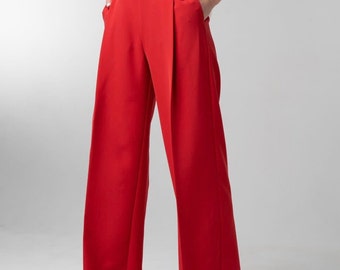 Pantalones Rojos Pierna Ancha para Mujer, Pantalones Cintura Alta, Pantalones Formales, Pantalones Mujer Oficina, Pantalones Negros Clásicos, Pantalones Palazzo, Pantalones para Invitada a Boda