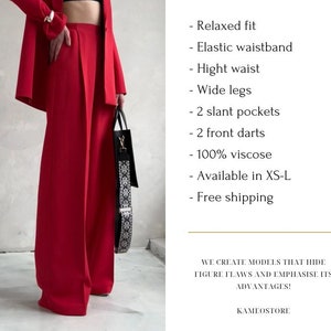 Red Women Wide Leg, Pants High Waist, Pants Formal, Women Pants Office, Classic Black Pants, Palazzo Pants, Pants for Wedding Guest image 3