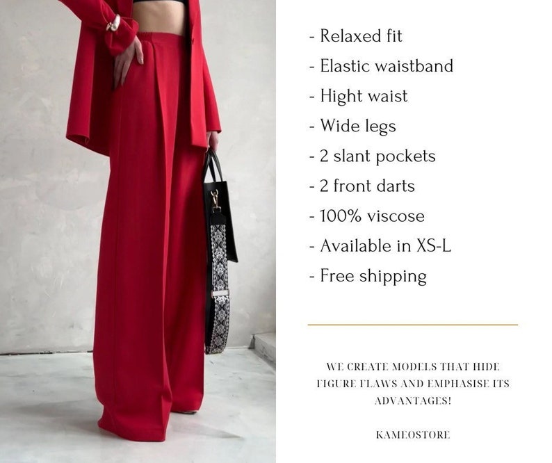 Red Women Wide Leg, Pants High Waist, Pants Formal, Women Pants Office, Classic Black Pants, Palazzo Pants, Pants for Wedding Guest image 3