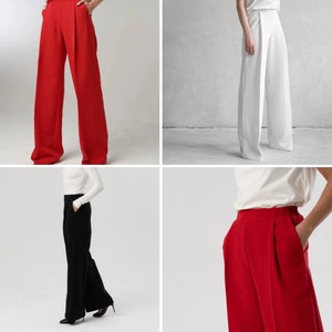 Pantalones Rojos Pierna Ancha para Mujer, Pantalones Cintura Alta, Pantalones Formales, Pantalones Mujer Oficina, Pantalones Negros Clásicos, Pantalones Palazzo, Pantalones para Invitada a Boda imagen 2