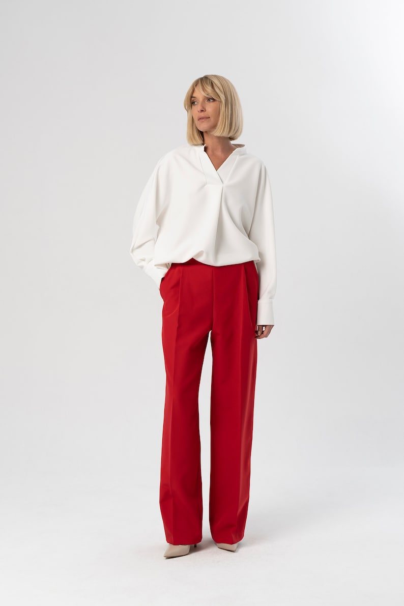 Pantalon large femme rouge, pantalon taille haute, pantalon habillé, pantalon bureau femme, pantalon noir classique, pantalon palazzo, pantalon pour invitée à un mariage image 7