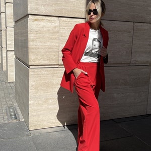 Red Women Wide Leg, Pants High Waist, Pants Formal, Women Pants Office, Classic Black Pants, Palazzo Pants, Pants for Wedding Guest image 8