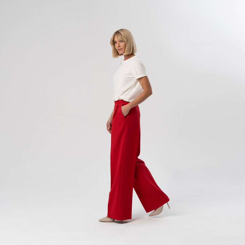 Pantalones Rojos Pierna Ancha para Mujer, Pantalones Cintura Alta, Pantalones Formales, Pantalones Mujer Oficina, Pantalones Negros Clásicos, Pantalones Palazzo, Pantalones para Invitada a Boda imagen 6