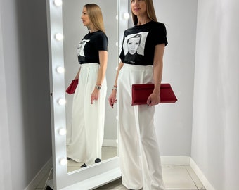 Pantaloni Palazzo Bianchi, Pantaloni a gamba larga, Pantaloni Palazzo larghi, Pantaloni da donna, Abbigliamento sostenibile, Pantaloni primaverili, Moda Ouji unica nel suo genere