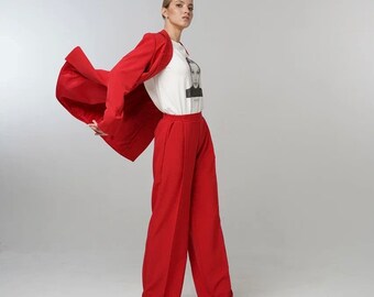 Minimalistic Women Suit Set, Rehearsal Dinner Suit, Viscose Fabric, 2 Piece Oversized Jacket and Palazzo Pants, Wide Leg Pants and Jacket