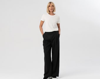 Schwarze Hose für Damen, dunkle bequeme Hose für Business-Frauen, schwarze Palazzo-Hose mit weitem Bein, minimalistische Damenbekleidung, Viskosestoff