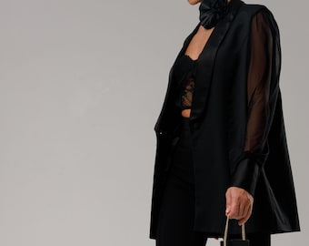 Blazer da smoking nero, abito per gli invitati al matrimonio, maniche lunghe trasparenti, abito per eventi formali, blazer per occasioni speciali, moda per matrimoni per gli ospiti