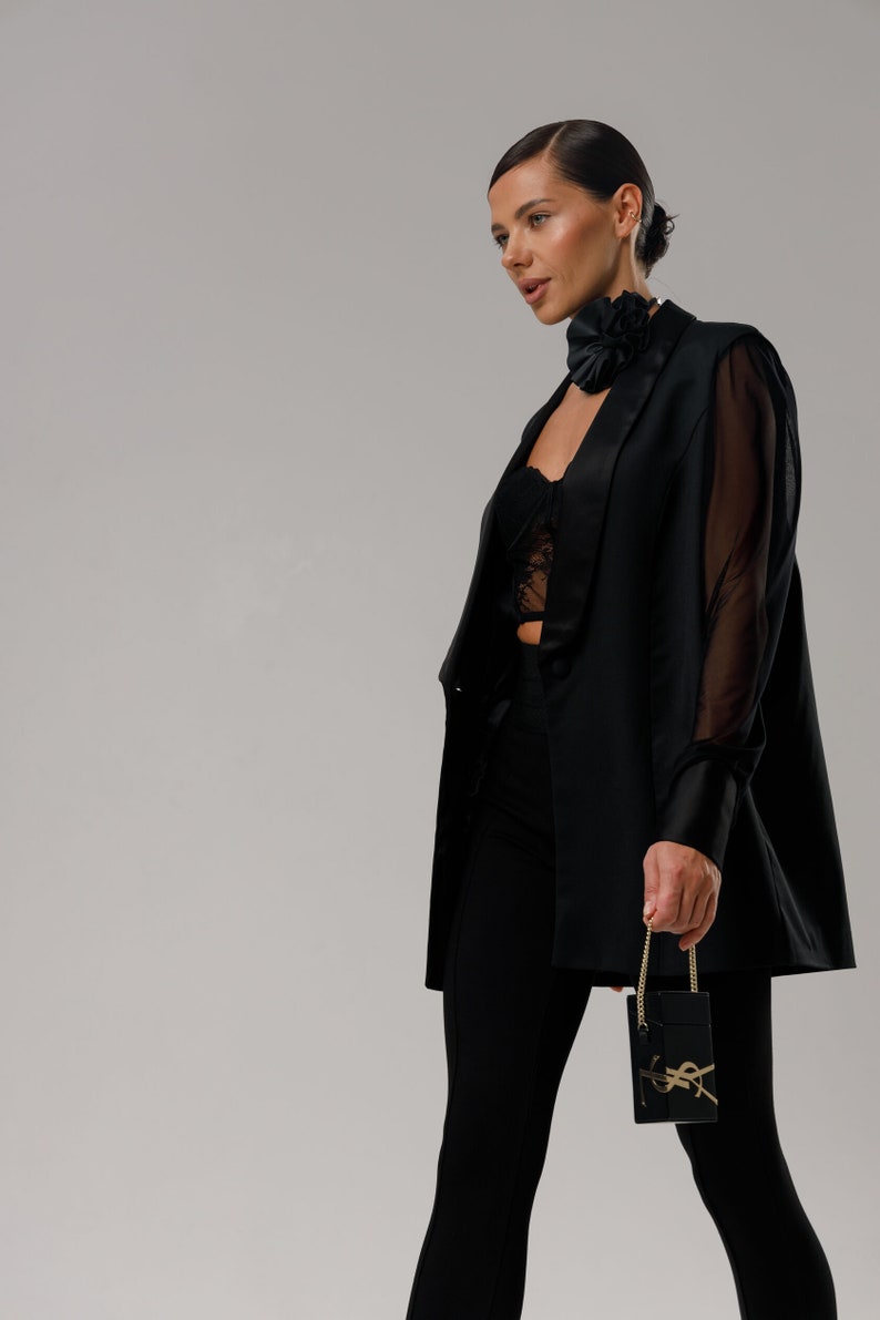 Black Tuxedo blazer, Luxury Black Blazer Women, Womens Jacket, Dark Academia Clothing Women, Luxury Designer Fabric, Minimalist Clothing image 3