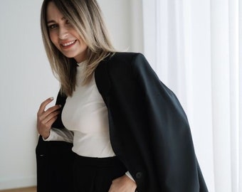 Blazer noir pour femme, Veste pour femme sur mesure, Vêtements universitaires sombres pour femme, Tissu de créateur de luxe, Cadeau mode, Vêtements minimalistes