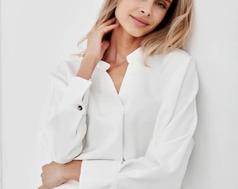 Casual White Loose Blouse, Womens Long Sleeved Cotton Shirt, Puffed Office Top For Ladies, Trendy Oversized Sleeve Top, Relaxed Fit Blouse