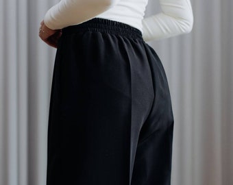 Klassieke zwarte flowy broek, zakelijke casual broek voor dames, Chick Office Palazzo, broek met wijde pijpen en hoge taille, ontspannen losse pasvorm