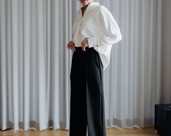 Ensemble pantalon palazzo et chemise blanche, tissu en viscose, ensemble deux pièces pour femme, chemisier avec pantalon large, cadeau mode pour femme, minimaliste