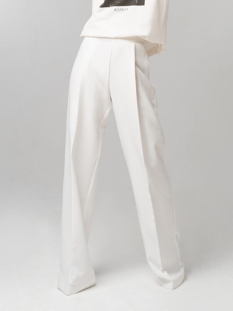 White Palazzo Pants. Handmade Clothing Wide Leg Viscose Trousers for Women, Flattering for All Body Types, Versatile & Elegant image 3