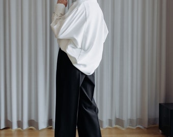 Chick Palazzo-broek en V-hals-bouse, zwart-wit tweedelig pak, moeder van de bruid bijpassende set van twee, minimalistische kleding dames