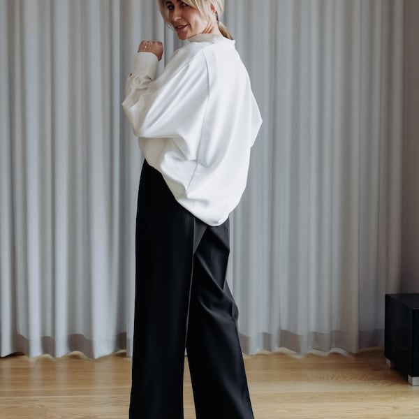 Chick Palazzo-broek en V-hals-bouse, zwart-wit tweedelig pak, moeder van de bruid bijpassende set van twee, minimalistische kleding dames