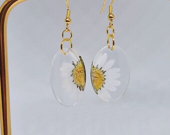 Daisy Halves In Resin Dangling Earrings | Gift | Present | Jewellery | Modern | Birthday | Summer | Quirky | Silver | Gold | Flowers