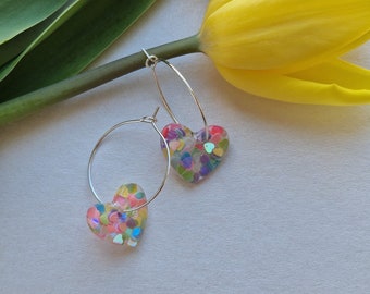 Colourful & Dainty Heart Sequin Hoop Earrings | Gift Present | Jewellery | Unique | Birthday | Quirky Fun | Summer | Pretty | Silver | Gold