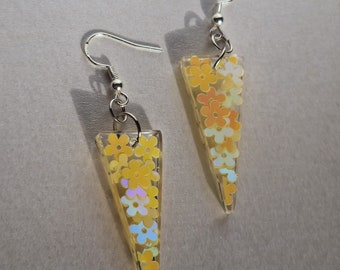 Yellow Iridescent Flower Sequins In Resin Handmade Triangle Dangling Earrings | Gift | Present | Jewellery | Unique | Birthday | Quirky