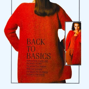 May include: A red knitted cardigan with the text "Back to Basics" printed on the back. The cardigan is made from a textured yarn and has a long, loose fit.
