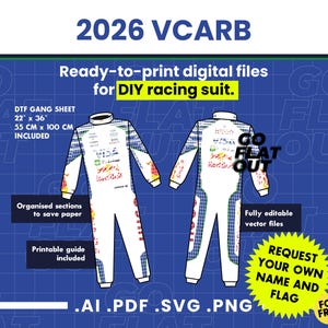Peut inclure: Fichiers numériques pour une combinaison de course 2026 VCARB avec des graphismes blancs, bleus et rouges. Inclut une feuille DTF de 55 cm sur 100 cm, des sections organisées, des guides imprimables et des fichiers vectoriels modifiables.