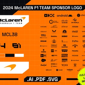 May include: A digital illustration of the McLaren Formula 1 team's 2024 sponsor logos. The logos are arranged in a grid pattern on an orange background. The McLaren logo is at the top of the image, and the team's car number, "4", is in the center of the image. The text "MCL38" is above the car number. The text ".AI .PDF .SVG" is at the bottom of the image. The text "FULL COLOR LOGOS INCLUDED!" is in a yellow circle at the bottom right of the image.