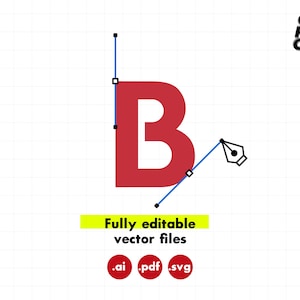 May include: A graphic design featuring a large red letter "B" with vector editing lines and a pen tool icon. The text "Fully editable vector files" is displayed in a yellow rectangle, with .ai, .pdf, and .svg file type icons below. The words "GO FLAT OUT" are in the upper right corner.