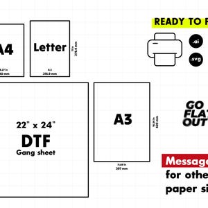 May include: A graphic showing various paper sizes, including A4 (8.27 x 11.69 inches), Letter (8.5 x 11 inches), A3 (11.69 x 16.54 inches), and a 22 x 24 inch DTF gang sheet. The image also includes a printer icon and file type icons.